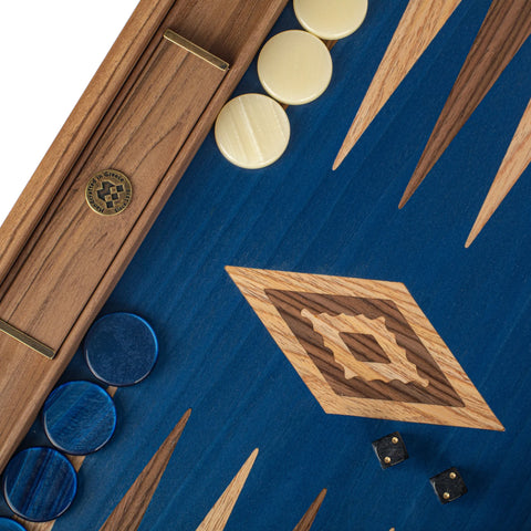 Manopoulos Handcrafted Walnut with Blue Oak Backgammon Set with Walnut & Oak Points with Side Racks 48x30cm