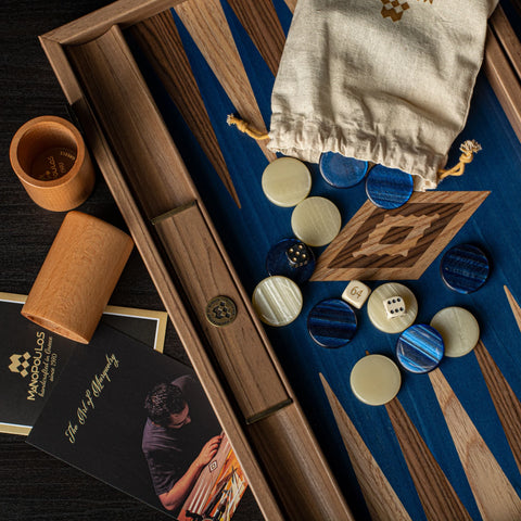 Manopoulos Handcrafted Walnut with Blue Oak Backgammon Set with Walnut & Oak Points with Side Racks 48x30cm
