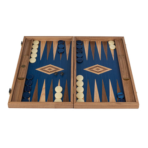 Manopoulos Handcrafted Walnut with Blue Oak Backgammon Set with Walnut & Oak Points with Side Racks 30x20cm