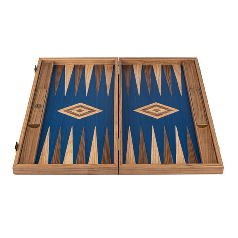 Manopoulos Handcrafted Walnut with Blue Oak Backgammon Set with Walnut & Oak Points with Side Racks 30x20cm