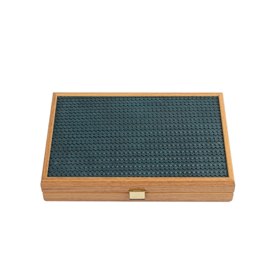 Manopoulos - Handcrafted Knitted Leather Backgammon Set in Turquoise with Side Racks 30x20cm