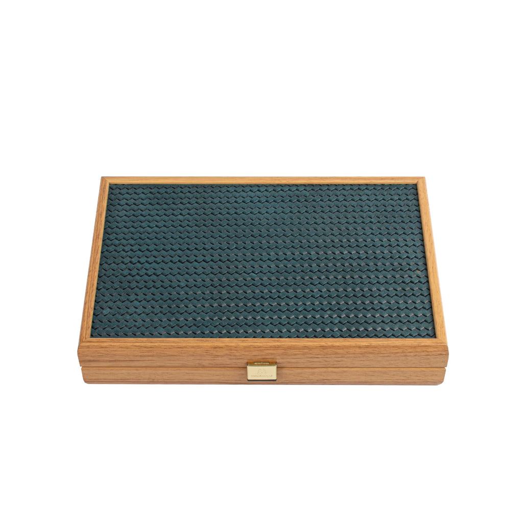 Manopoulos - Handcrafted Knitted Leather Backgammon Set in Turquoise with Side Racks 30x20cm