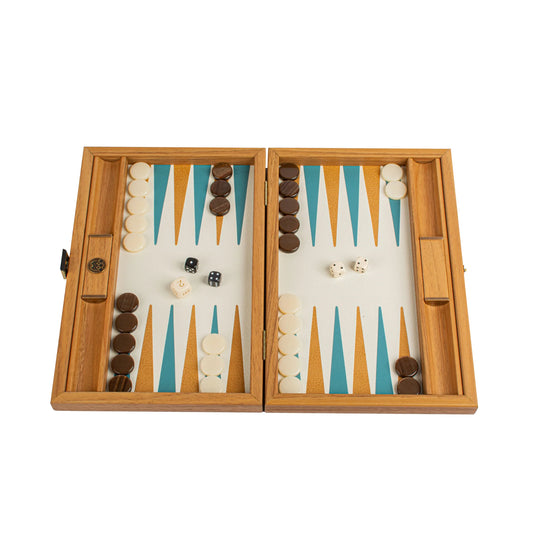 Manopoulos - Handcrafted Knitted Leather Backgammon Set in Turquoise with Side Racks 30x20cm