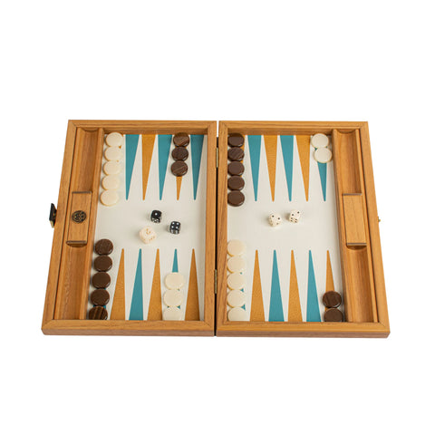 Manopoulos - Handcrafted Knitted Leather Backgammon Set in Turquoise with Side Racks 30x20cm