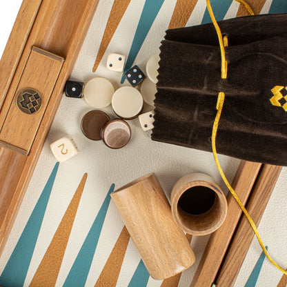 Manopoulos - Handcrafted Knitted Leather Backgammon Set in Turquoise with Side Racks 30x20cm
