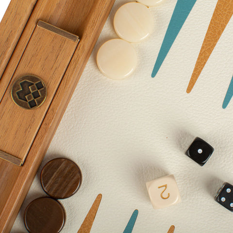Manopoulos - Handcrafted Knitted Leather Backgammon Set in Turquoise with Side Racks 30x20cm