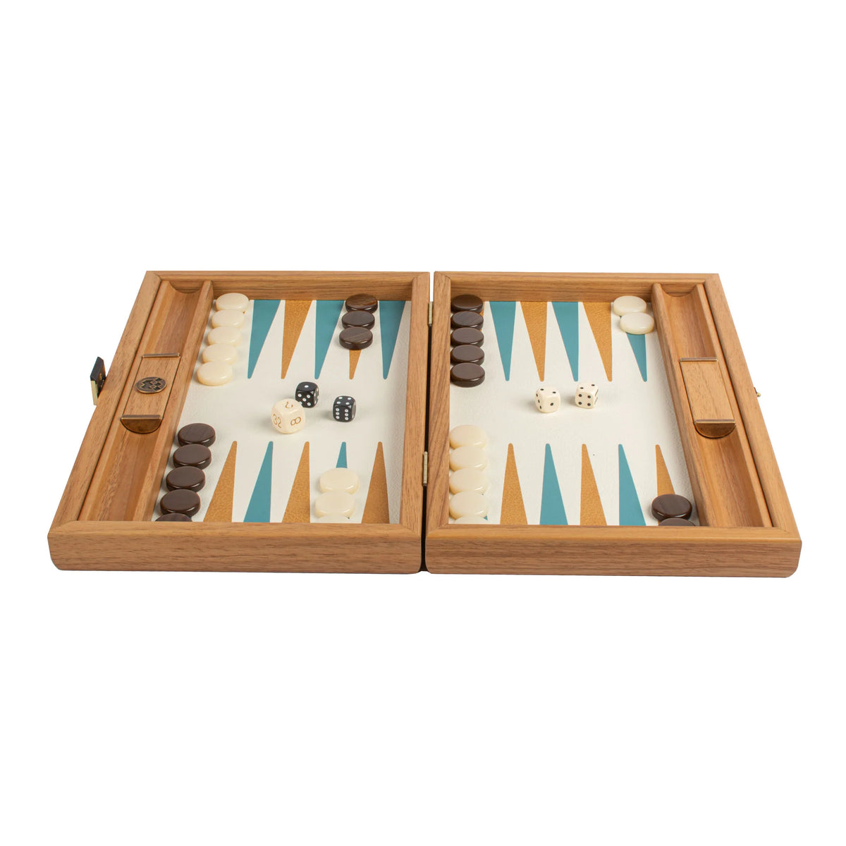 Manopoulos - Handcrafted Knitted Leather Backgammon Set in Turquoise with Side Racks 30x20cm