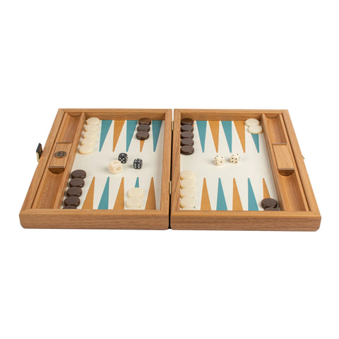 Manopoulos - Handcrafted Knitted Leather Backgammon Set in Turquoise with Side Racks 30x20cm