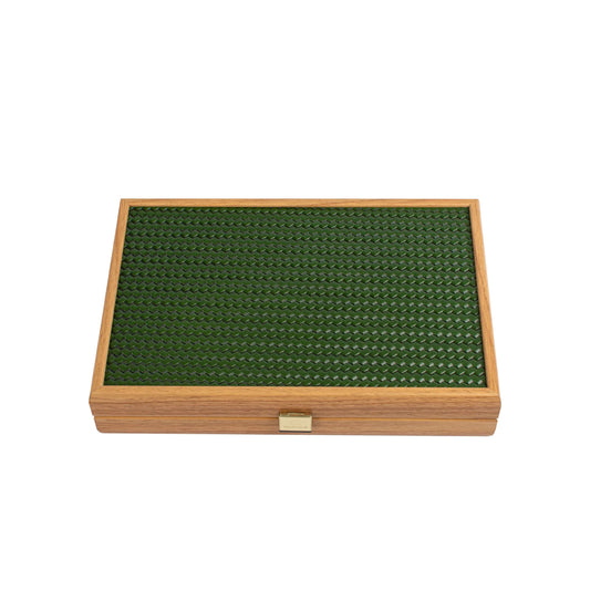Manopoulos - Handcrafted Knitted Leather Backgammon Set in Green with Side Racks 30x20cm