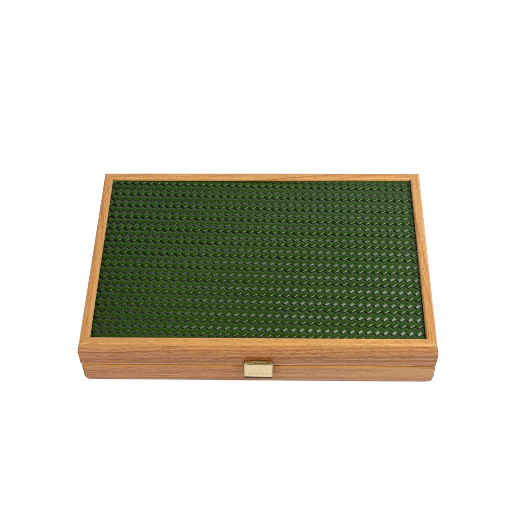 Manopoulos - Handcrafted Knitted Leather Backgammon Set in Green with Side Racks 30x20cm