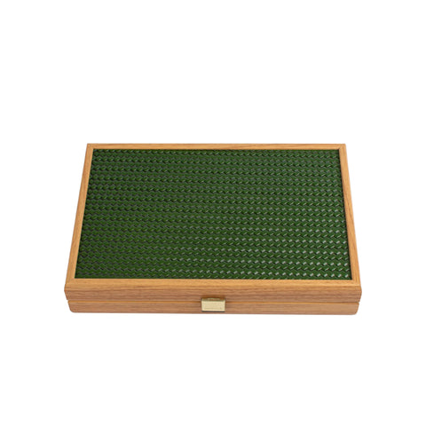 Manopoulos - Handcrafted Knitted Leather Backgammon Set in Green with Side Racks 30x20cm