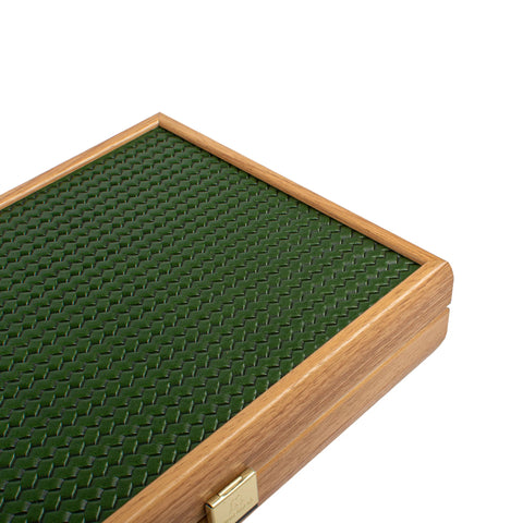 Manopoulos - Handcrafted Knitted Leather Backgammon Set in Green with Side Racks 30x20cm