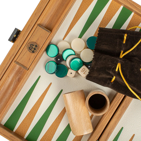 Manopoulos - Handcrafted Knitted Leather Backgammon Set in Green with Side Racks 30x20cm