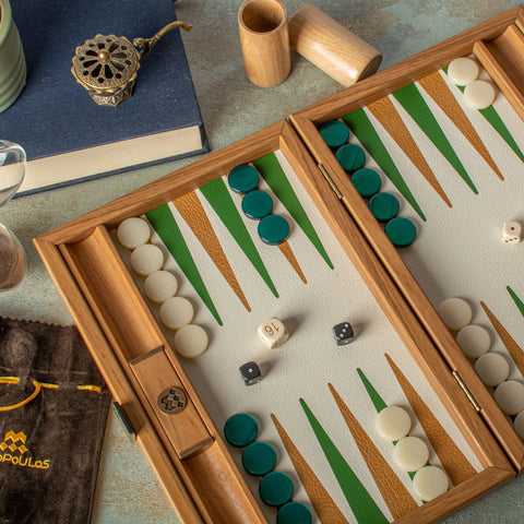Manopoulos - Handcrafted Knitted Leather Backgammon Set in Green with Side Racks 30x20cm