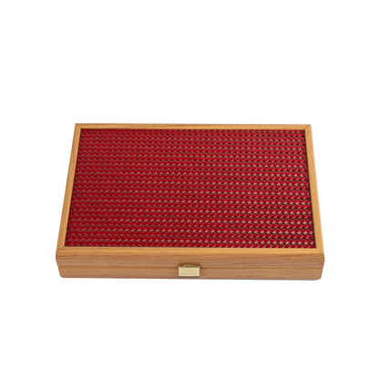 Manopoulos - Handcrafted Knitted Leather Backgammon Set in Red with Side Racks 30x20cm