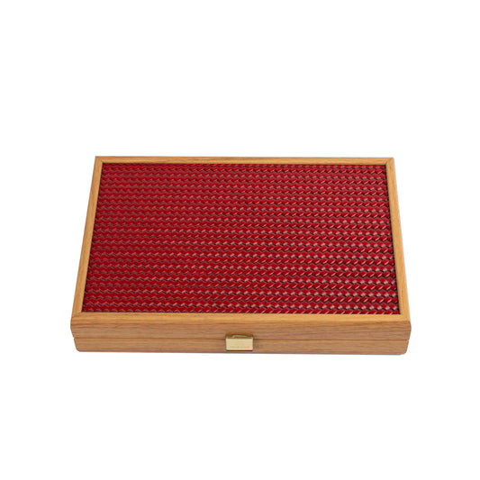 Manopoulos - Handcrafted Knitted Leather Backgammon Set in Red with Side Racks 30x20cm