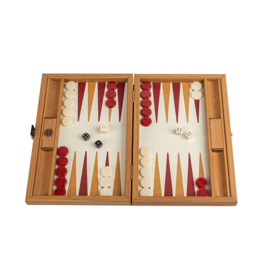 Manopoulos - Handcrafted Knitted Leather Backgammon Set in Red with Side Racks 30x20cm