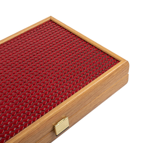 Manopoulos - Handcrafted Knitted Leather Backgammon Set in Red with Side Racks 30x20cm