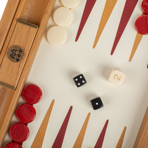 Manopoulos - Handcrafted Knitted Leather Backgammon Set in Red with Side Racks 30x20cm