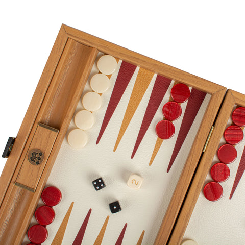 Manopoulos - Handcrafted Knitted Leather Backgammon Set in Red with Side Racks 30x20cm