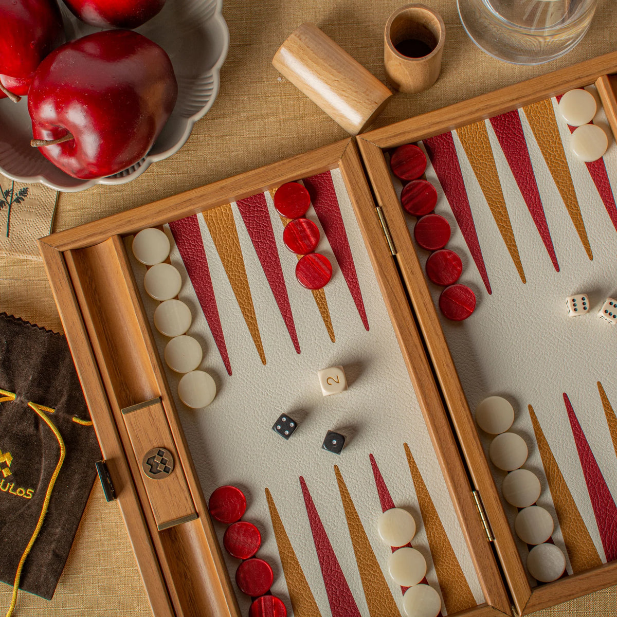 Manopoulos - Handcrafted Knitted Leather Backgammon Set in Red with Side Racks 30x20cm