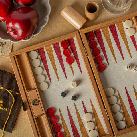 Manopoulos - Handcrafted Knitted Leather Backgammon Set in Red with Side Racks 30x20cm