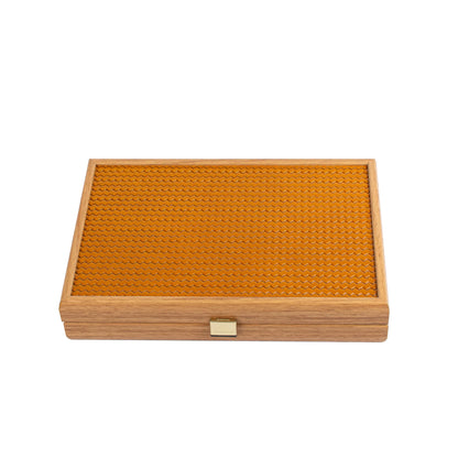 Manopoulos handcrafted knitted leather backgammon set in mustard with side racks