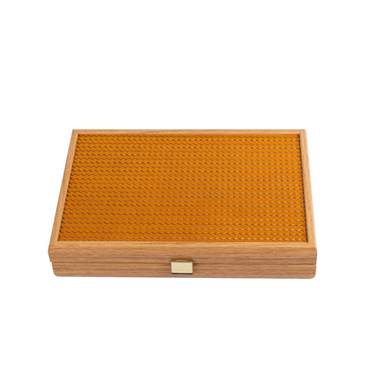 Manopoulos - Handcrafted Knitted Leather Backgammon Set in Mustard with Side Racks 30x20cm