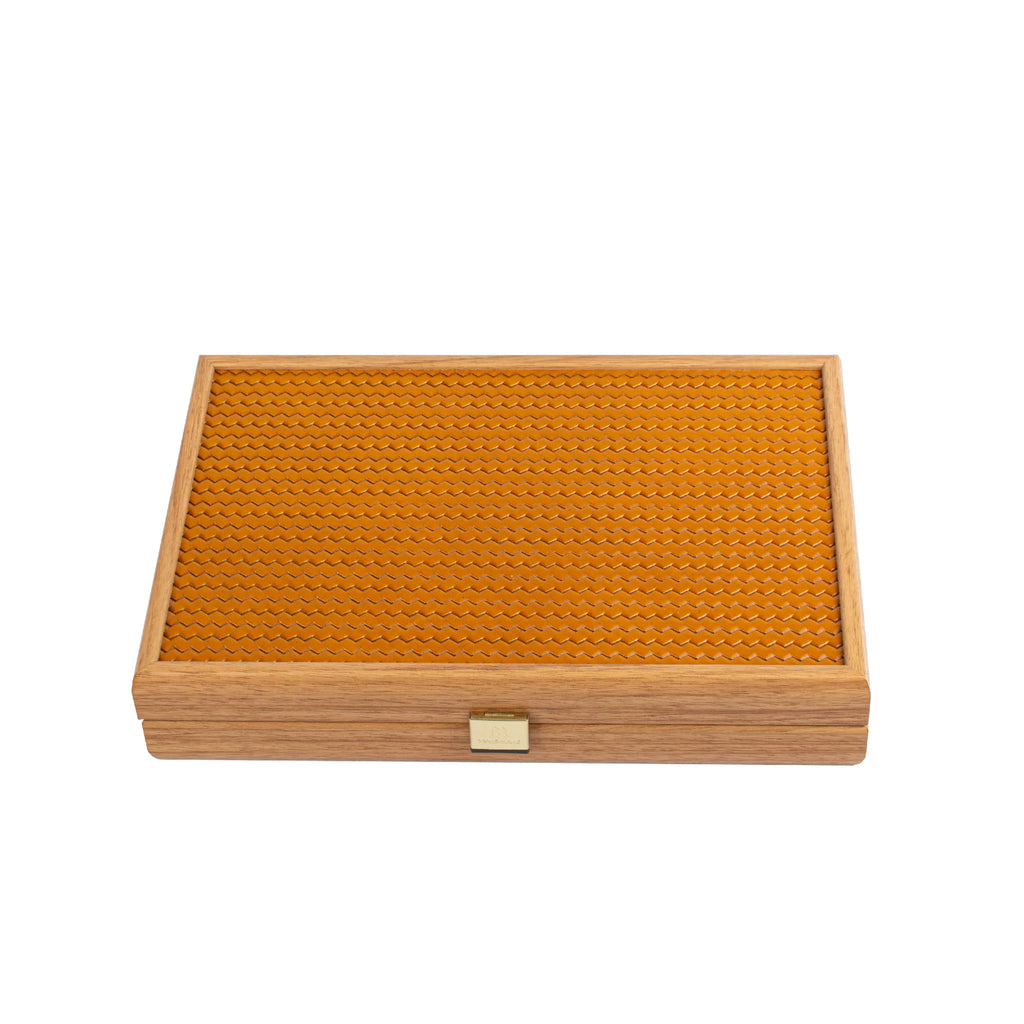 Manopoulos - Handcrafted Knitted Leather Backgammon Set in Mustard with Side Racks 30x20cm