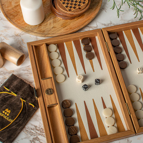 Manopoulos - Handcrafted Knitted Leather Backgammon Set in Mustard with Side Racks 30x20cm
