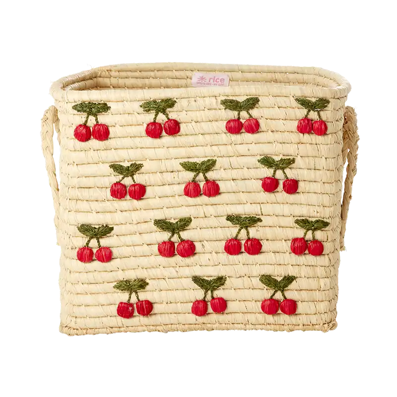 Rice Raffia Square Basket With Cherries Embroidery