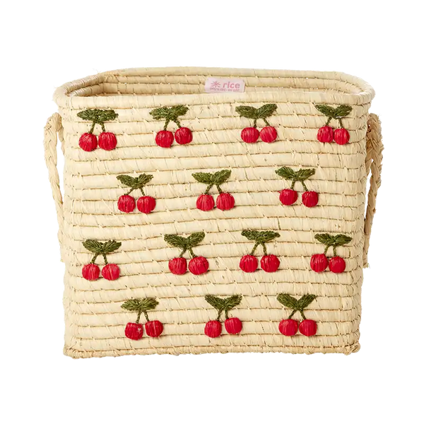 Rice Raffia Square Basket With Cherries Embroidery