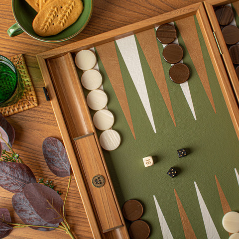 Manopoulos - Leatherette Forest Green Backgammon Set with Side Racks 48x30cm