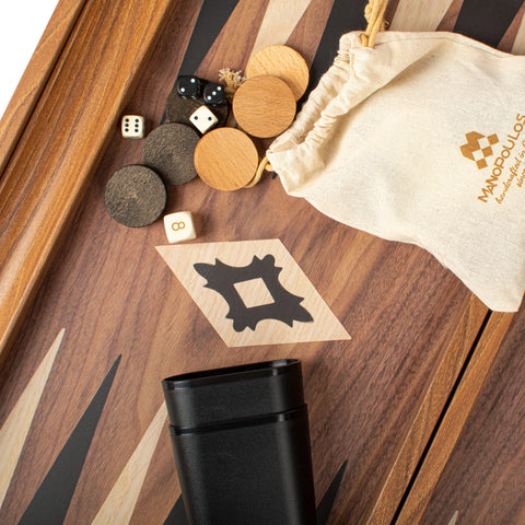 Manopoulos - Handcrafted Walnut Replica Wood Backgammon Set with Black & Oak Points with Side Racks 48x30cm