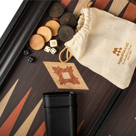 Manopoulos - Handcrafted Wenge Replica Wood Backgammon Set with Walnut & Oak Points with Side Racks 48x30cm