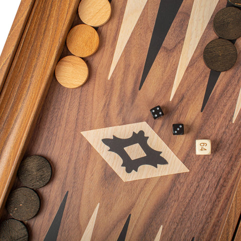 Manopoulos - Handcrafted Walnut Replica Wood Backgammon Set with Black & Oak Points with Side Racks 38x23cm