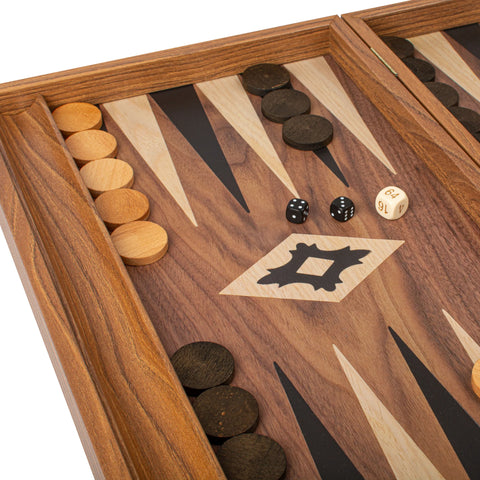 Manopoulos - Handcrafted Walnut Replica Wood Backgammon Set with Black & Oak Points with Side Racks 38x23cm