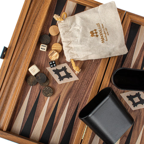 Manopoulos - Handcrafted Walnut Replica Wood Backgammon Set with Black & Oak Points with Side Racks 38x23cm