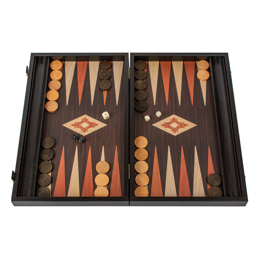 Manopoulos - Handcrafted Wenge Replica Wood Backgammon Set with Walnut & Oak Points with Side Racks 38x23cm