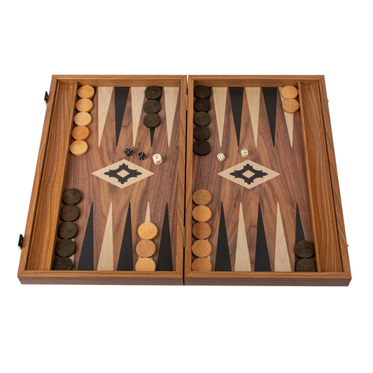 Manopoulos - Handcrafted Walnut Replica Wood Backgammon Set with Black & Oak Points with Side Racks 30x20cm