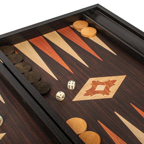 Manopoulos - Handcrafted Wenge Replica Wood Backgammon Set with Walnut & Oak Points with Side Racks 30x20cm