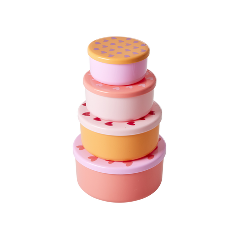 Rice Round Plastic Food Boxes with Hearts Prints (Set of 4)