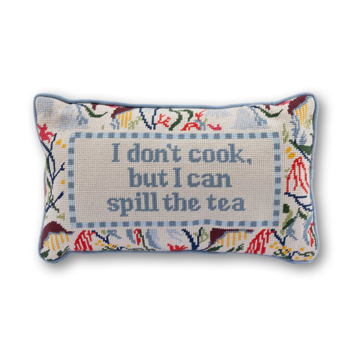 Furbish Studio Spill the Tea needlepoint pillow