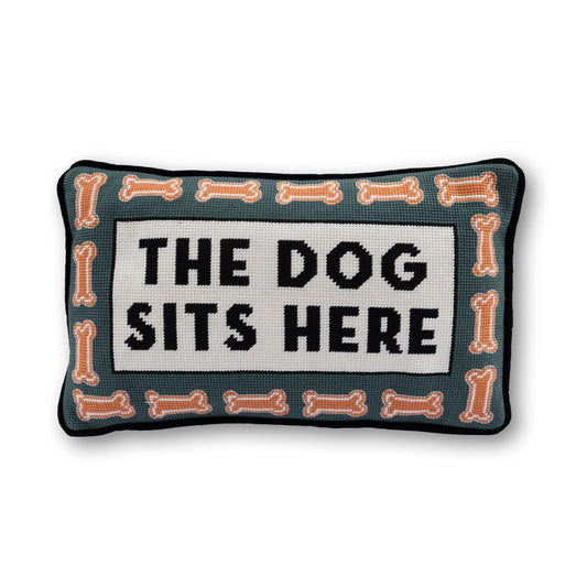 Furbish Dog Sits Here Needlepoint Pillow