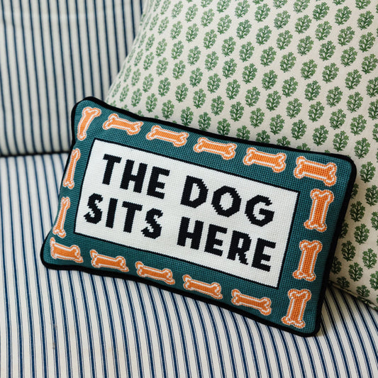Furbish Dog Sits Here Needlepoint Pillow