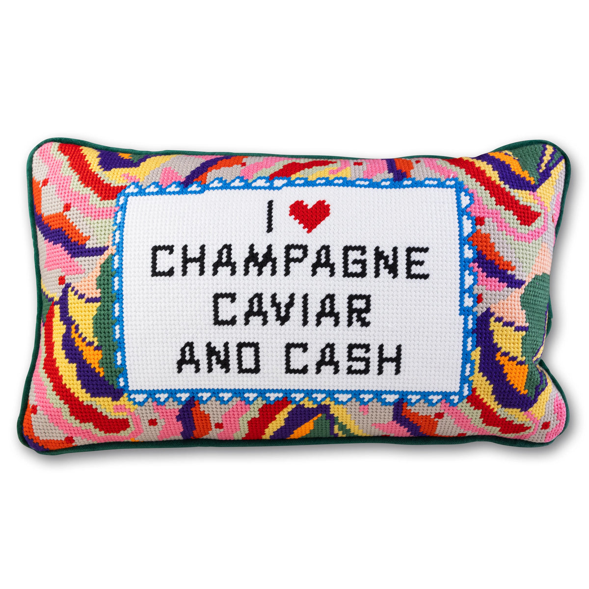 Furbish Studio Caviar and Cash Needlepoint Pillow with velvet backing