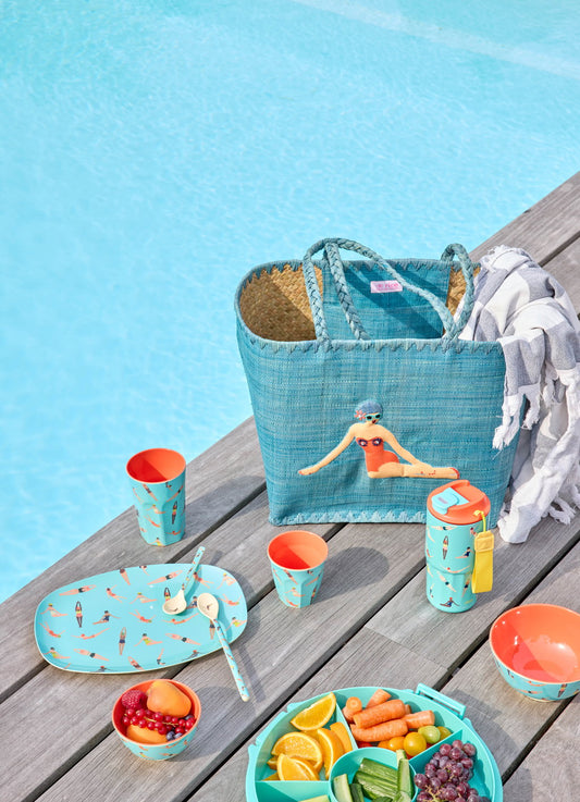 Rice Raffia Large Bag with Handles in Blue with Lady Swimster