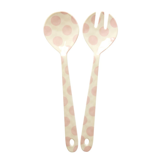 Rice Melamine Salad Spoon and Fork with Pink Dots Print
