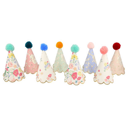 Meri Meri English Garden Party Hats with floral patterns and pompoms