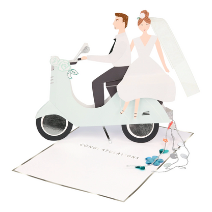 Meri Meri Scooter Couple stand-up wedding card with bride and groom